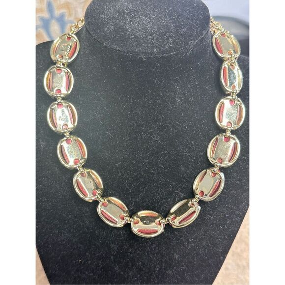 Stunning STATEMENT Signed Kramer Red Cabochon Necklace, Burgundy Lucite, Gold To - Picture 5 of 8